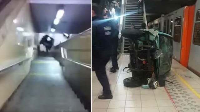 Un groupe de jeunes poussent une voiture dans les escaliers d’un métro…