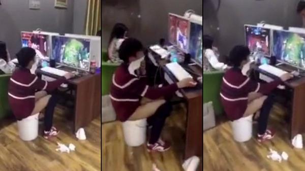 Un joueur Hardcore fait caca dans un seau dans un cybercafé