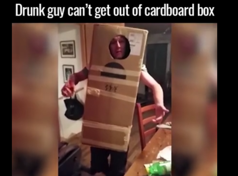 Un homme ivre est coincé dans son déguisement en carton