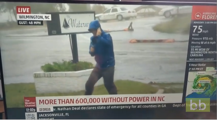 Un journaliste météo en fait un peu trop face aux vents violents de l’ouragan Florence