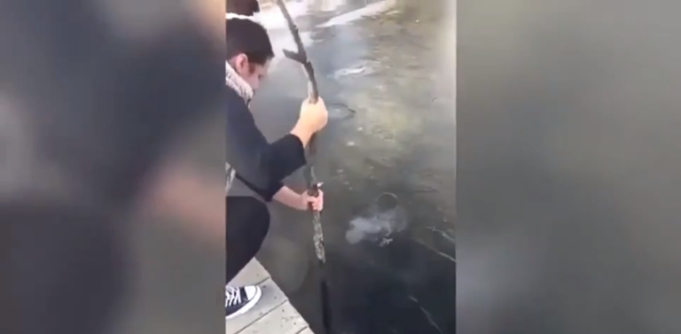 Une fille essaye de briser la glace d’un lac à l’aide d’un bâton… Mauvaise idée !