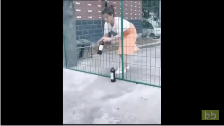 Un jeune garçon trolle une femme qui fait passer une bouteille de vin à travers un grillage