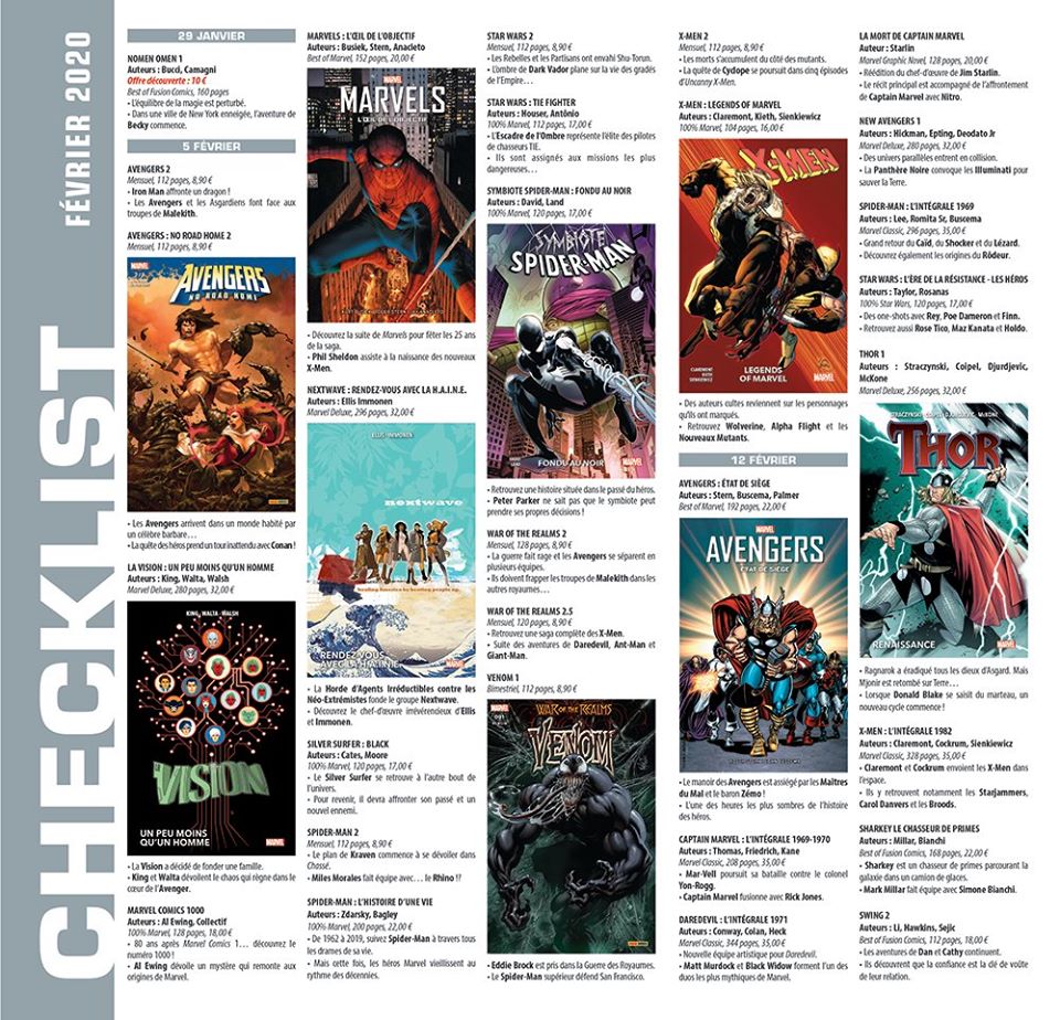 checklist de Panini Comics en image pour le mois de février