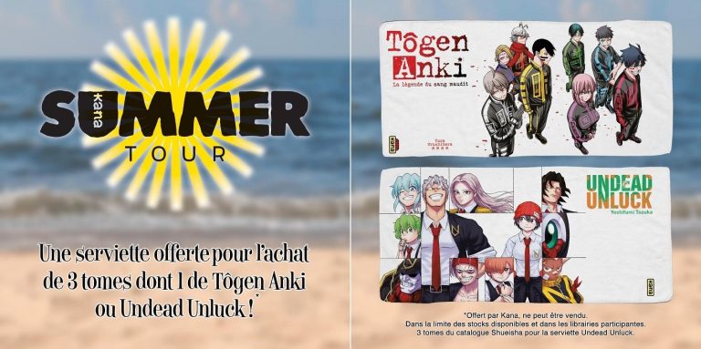 Kana Summer Tour : Obtenez des serviettes exclusives en achetant vos mangas Undead Unluck et Tôgen Anki !